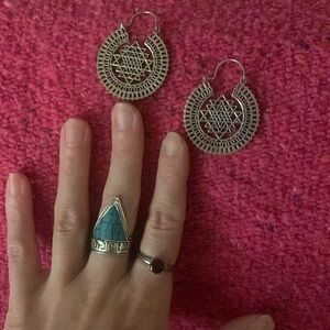 3PC Boho Jewelry SET 925s GARNET RING, Hoop Earrings, & Tibetan Adjustable Ring
